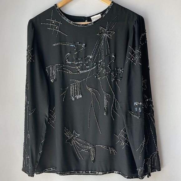 Vintage Silk CC Courtenay Blouse Sequin Beaded Blouse Black Medium - Picture 3 of 11